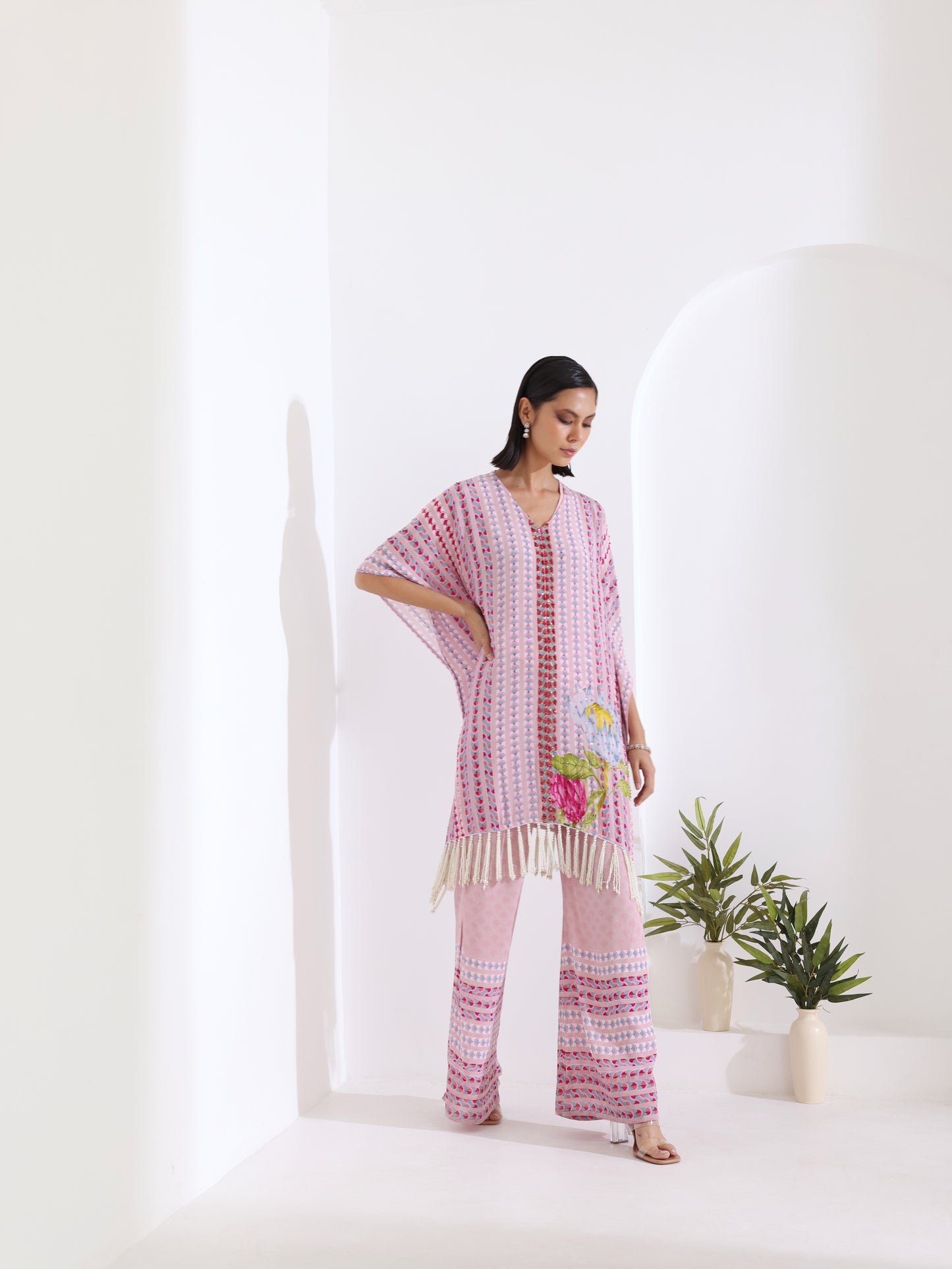 Pink Mirage Tassel Crepe Kaftan Set