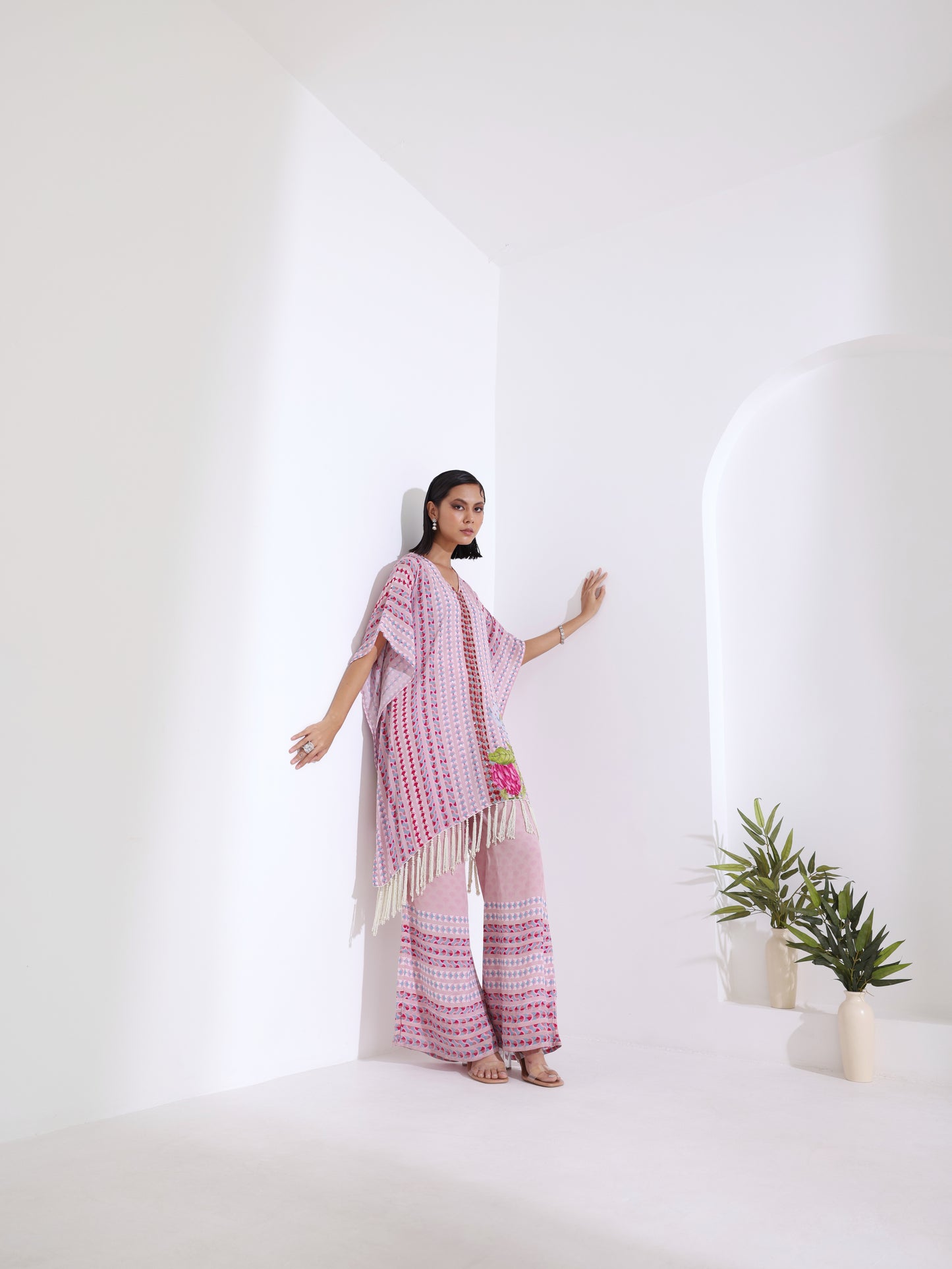 Pink Mirage Tassel Crepe Kaftan Set